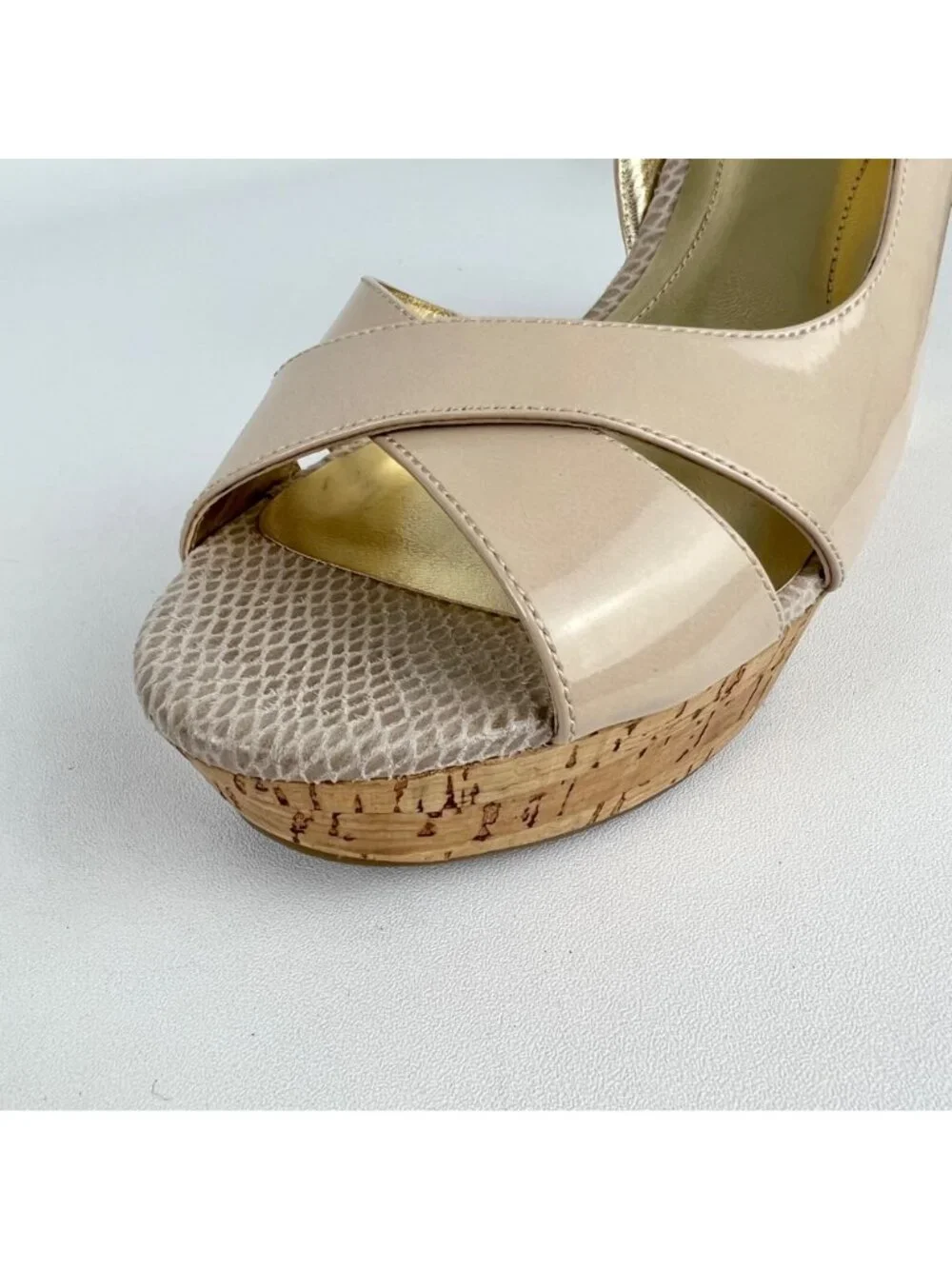 Marc Fisher Womens Wasin II Nude Tan Wedge Sandal Cork Platform Peep Toe size 9